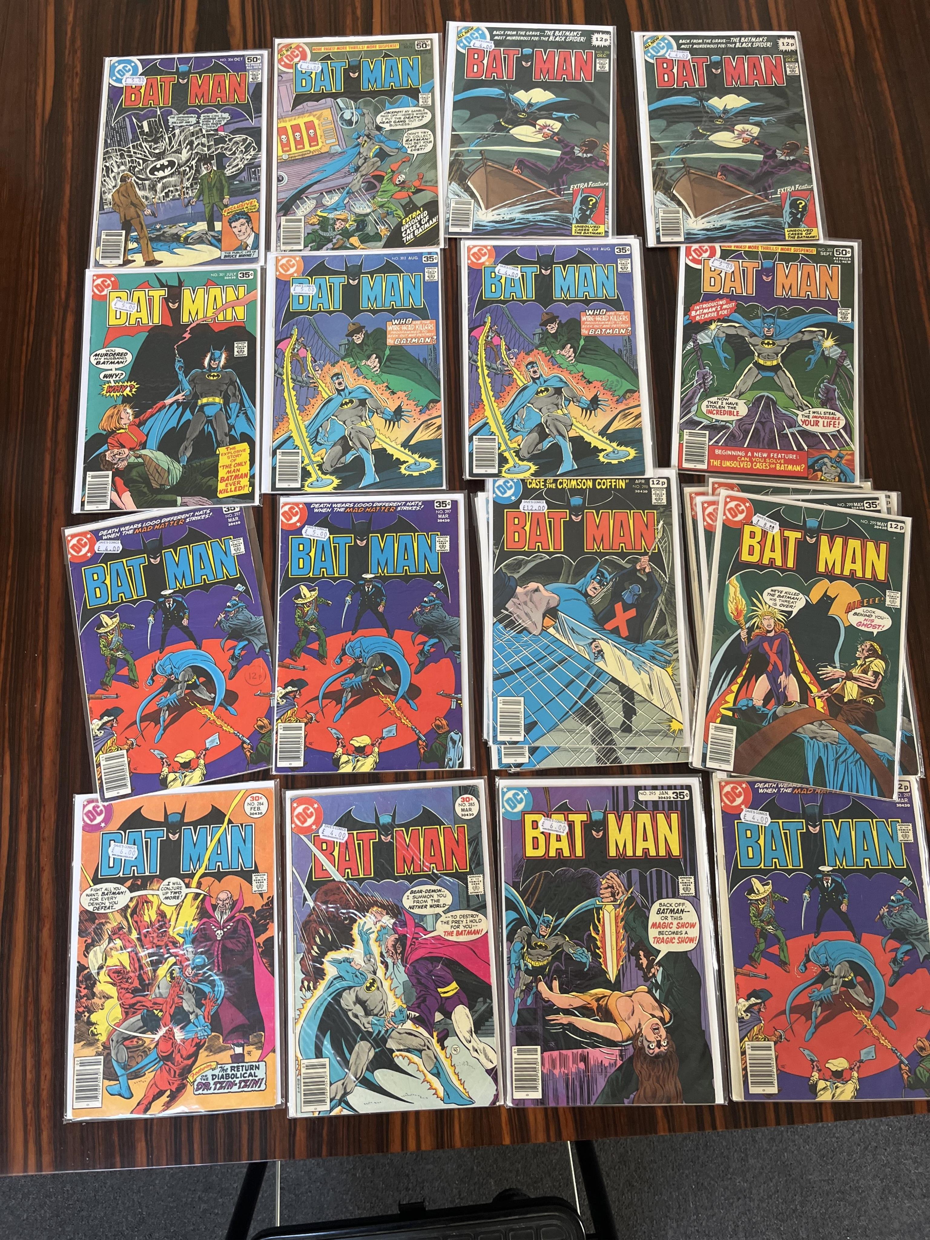 Batman, DC comics, Vol. 1, 1977-1979, 43 issues between #284–318, comprising, #284A, #285A, #295, #297A x2, #297B, #298A x4, #299A x4, #301A, #302A x2, #302C, #303A, #304, #305A, #306C x2, #307C [minor key], #308C [minor